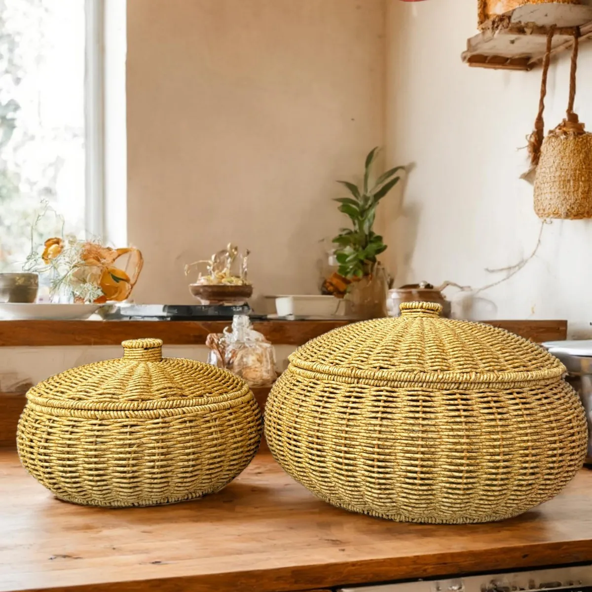 Handwoven Imitation Rattan Round Lidded Storage Basket, Bread Box & Fruit Organizer for Kitchen Dining Table Pantry Home Decor view 6