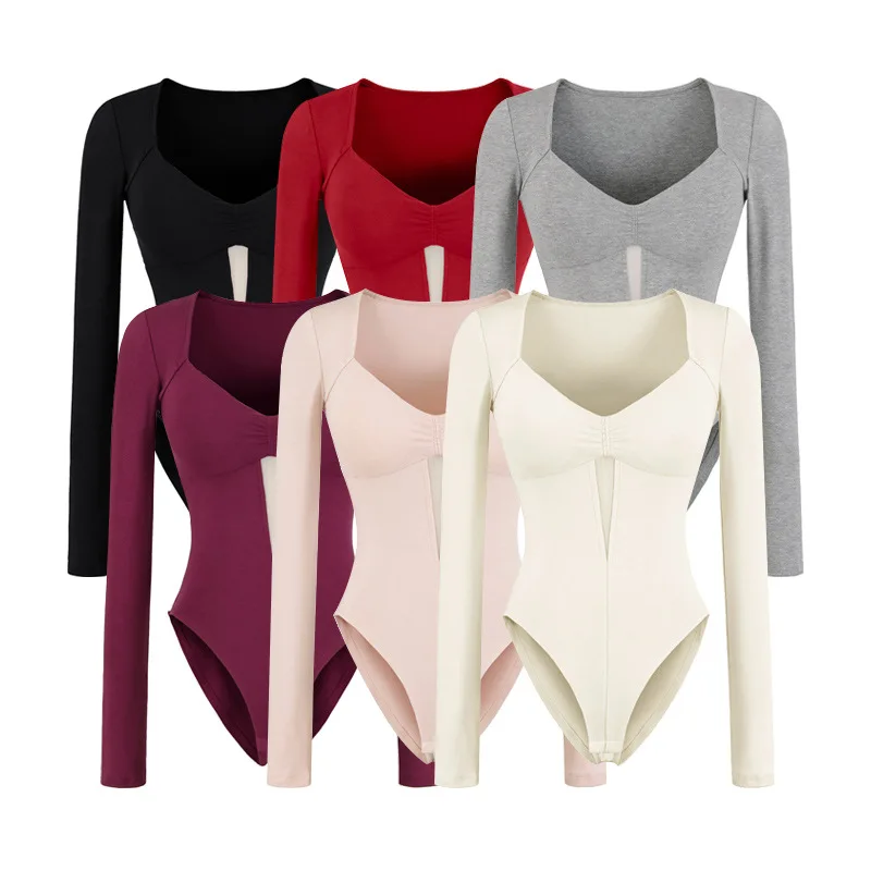 

Сексуальное боди с квадратным вырезом, вставками для груди и длинными рукавами с вырезами, новинка 2026 года, эластичная облегающая базовая футболка VJE7