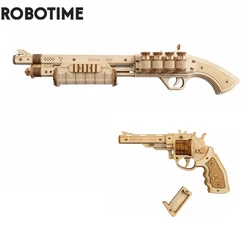 Robotime-Wooden Model Building Block Kit para Crianças e Adultos, DIY Revólver, Scatter com Rubber Band Bullet, Assembly Toy Gift, Rokr