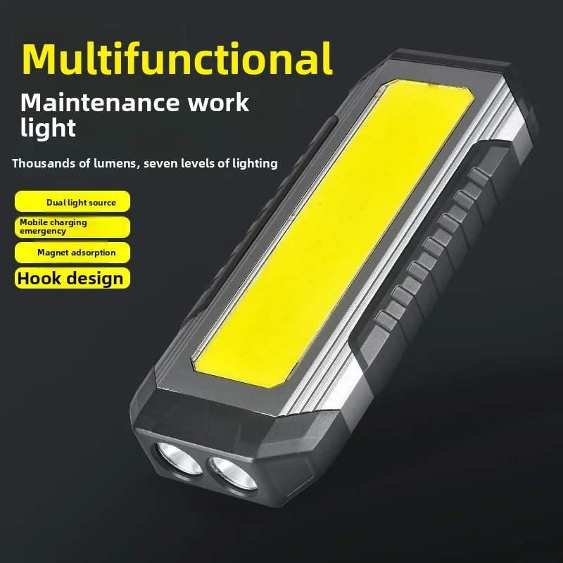 COB Dual-Source Flashlight: Multi-Functional, Super Bright Rechargeable, Magnet Hook & Power Bank for Auto Repair Work