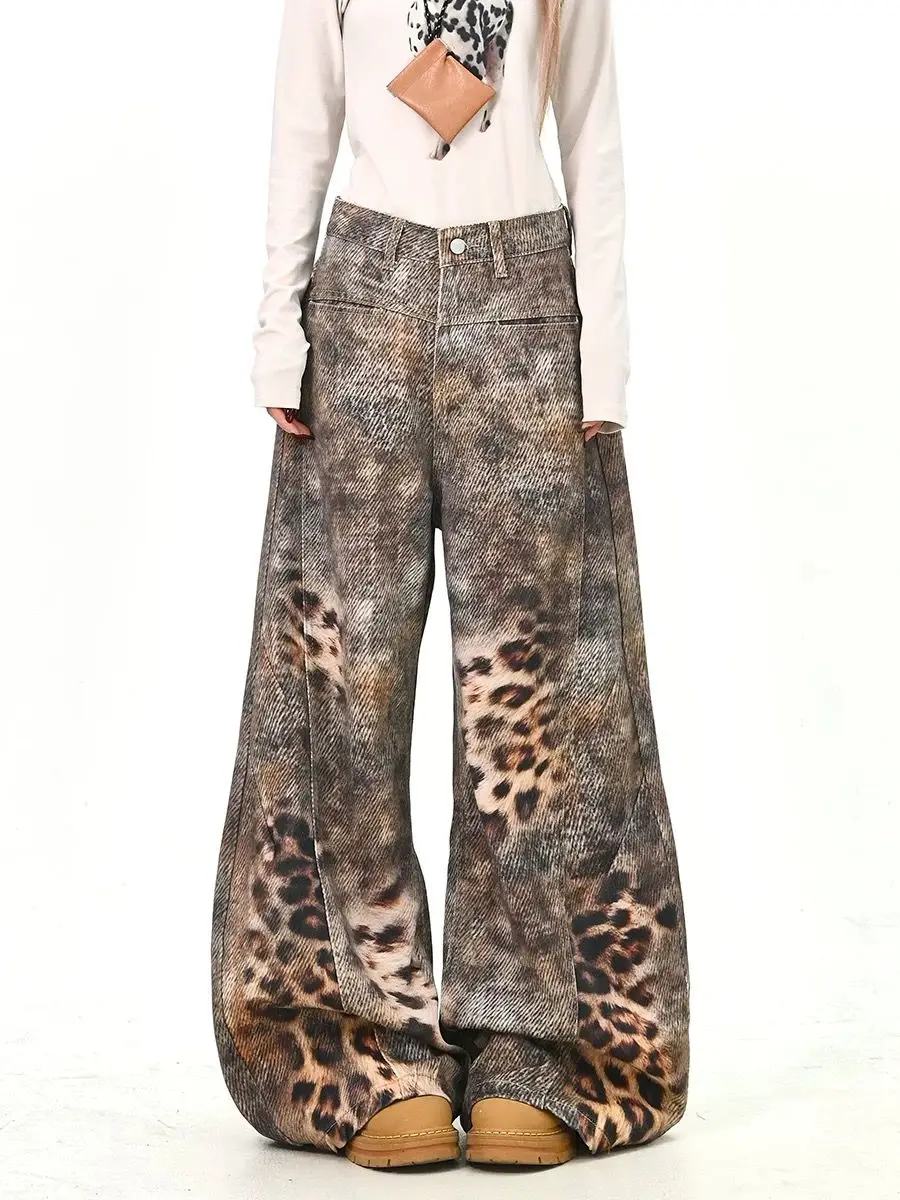 Y2K Leopard Print Jeans Loose Fit Style Floor Length Pants American Street Trend for Women Spring