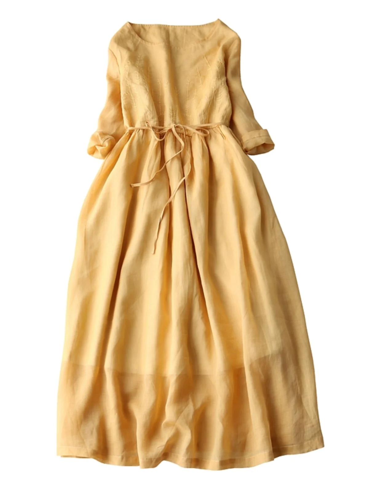Artistic Pure Color Flax Embroidered Double Layered Long Dr plus Size Women's Summer round Ne Belted Waist Cinched Dr