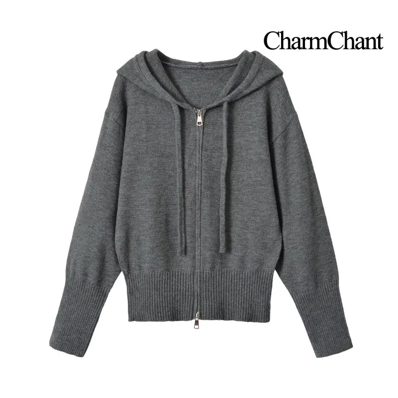 CHARMCHANT Women's Hooded Full Zip Knit Cardigan Two-Way Zipper Oversized Drawstring Sweater Jacket Heather Grey Winter 2026