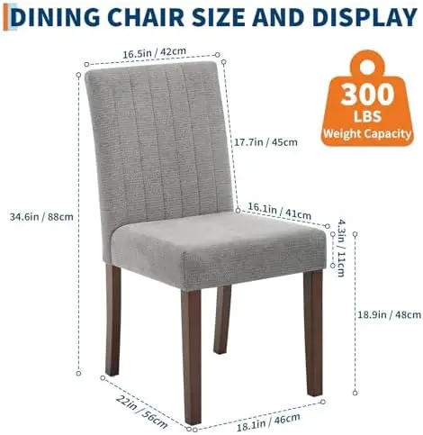 Set of 2 Dining Chairs, High Back Linen Upholstered, Wood Legs, Vertical Stripe, Modern for Dining