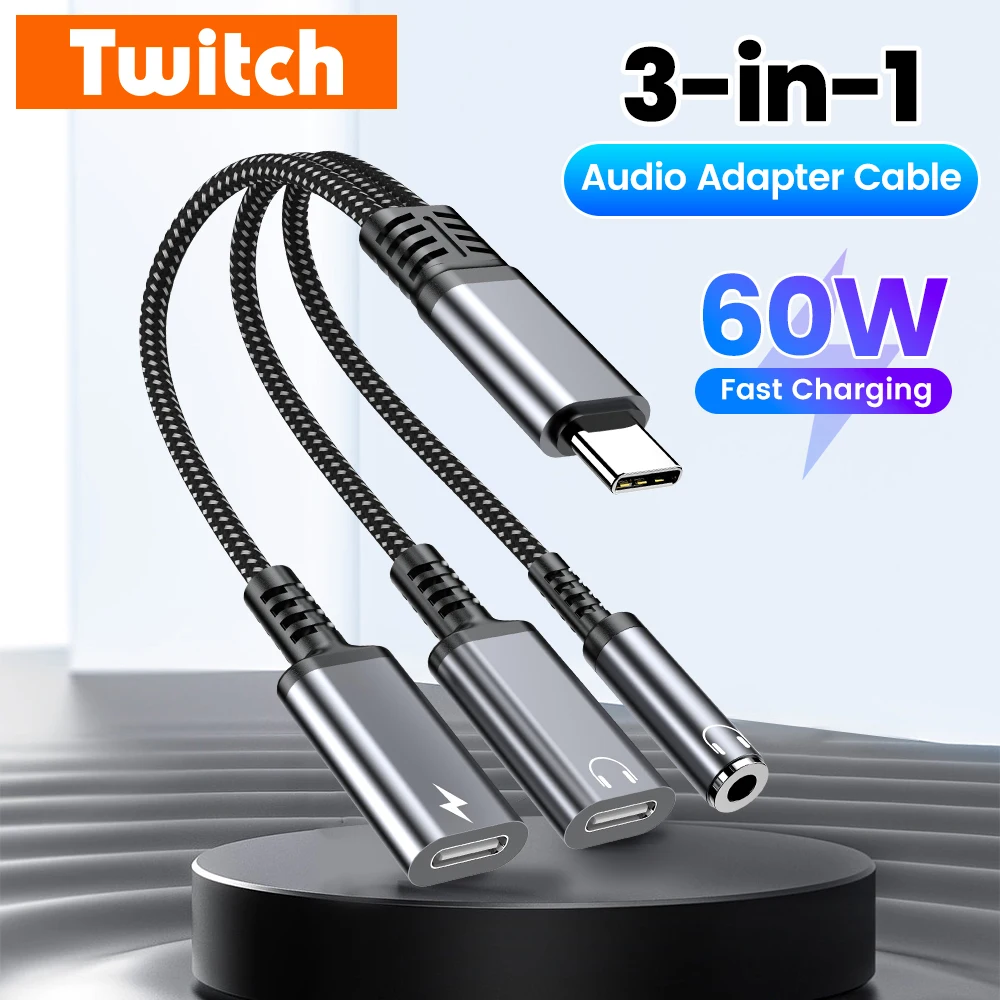 

Адаптер-кабель 3-в-1, 60 Вт, для быстрой зарядки, USB-C на 3,5 мм/Type-C, для наушников, для iPhone 16, 15, Samsung