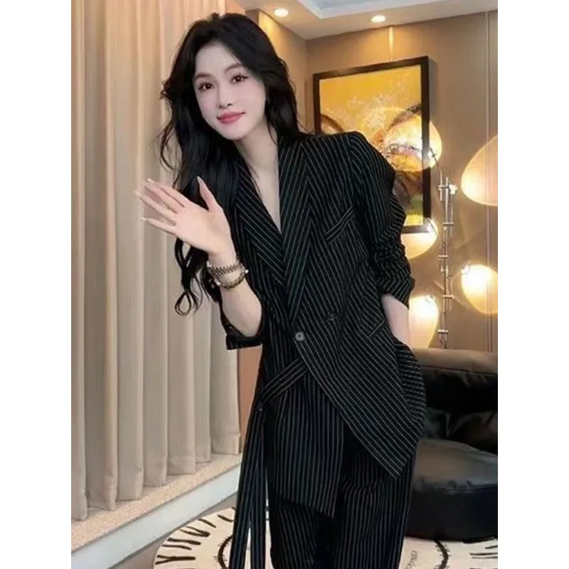 

Fashion Striped Suit Two-piece Suit Autumn New Strappy Jacket Slimming Two-piece Set Niche Fresh Exquisite Simple Fashion Casual