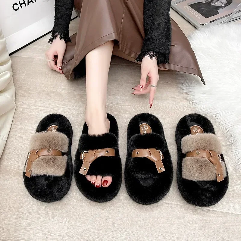 

Flock Shoes Woman Fashion Designer Buckle Band Fur Slippers Cozy Mink Fur Slides Homen Shoes Open Toe Platform Furry Pantuflas