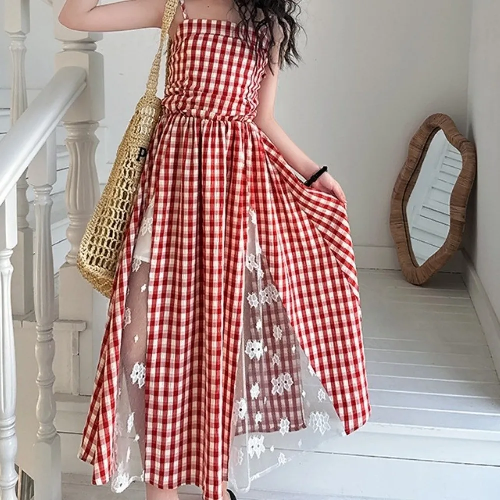 

Breathable Suspenders Children Plaid Dress Sleeveless Princess Kids Grid Long Dress Ruffled Loose Girls Patchwork Skirt Party