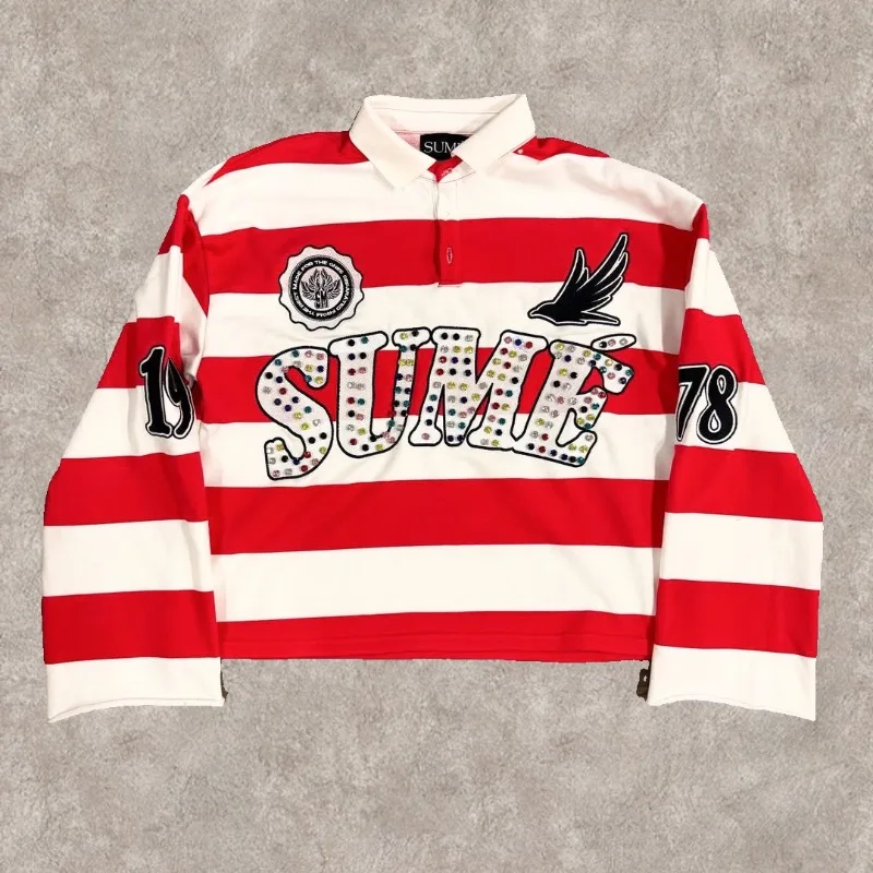 Y2K Retro Long Sleeve Polo Stripe Sume Embroidery Pattern Shirt Men Trend Sport Hip Hop Casual Streetwear Unisex Boxy Clothing