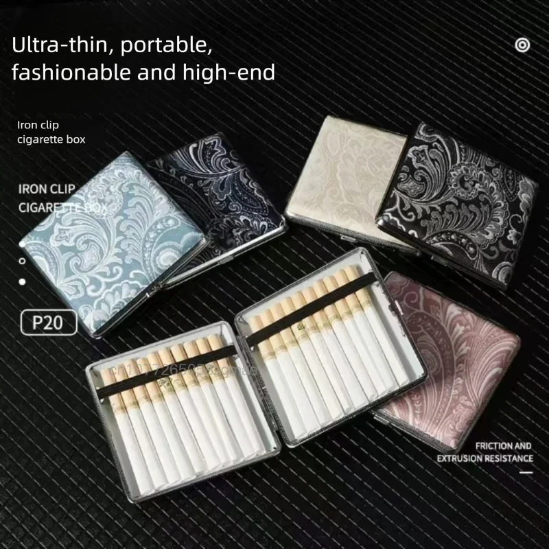 Classic leather pattern rubber band style thick 20-pack cigarette case portable metal leather cigarette case men's gift