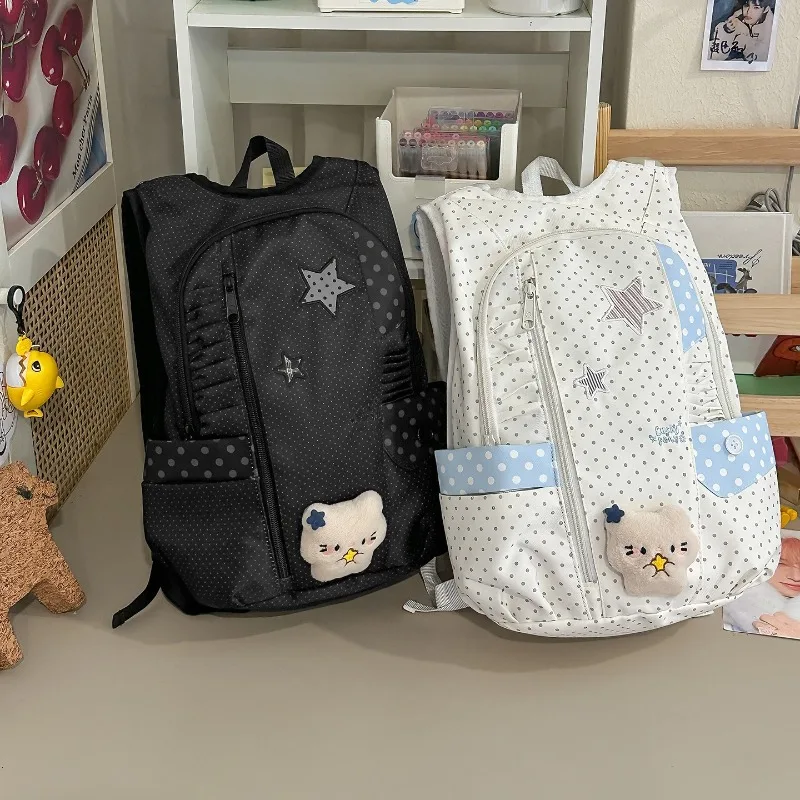 Star Embroidered Dot Backpack Middle High School Students Large Capacity Schoolbag with Multiple Pockets Daily Commuter Bag