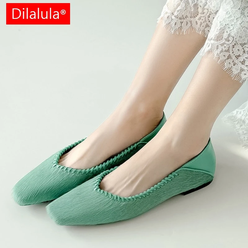 

Dilalula 2026 Spring Genuine Leather Women Flats Square Toe Slip On Flat Heel Single Shoes Natural Cow Fur Green Casual Pumps