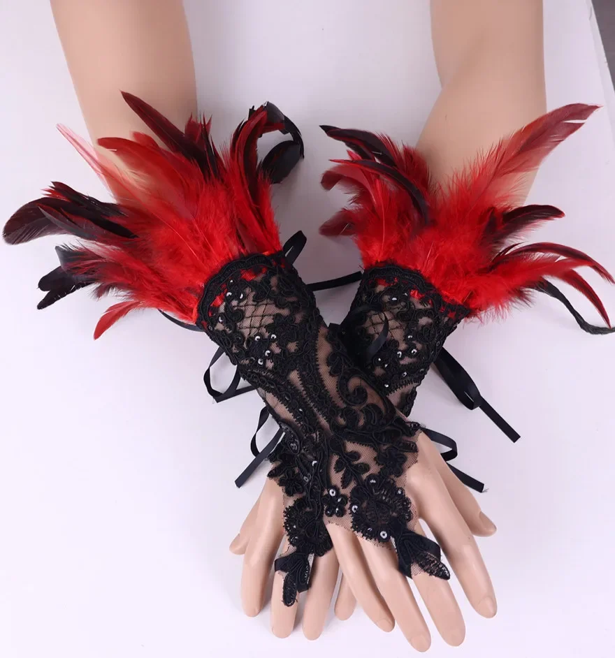 

Lace Gloves Women Y2k Feather Rave Accessories Lolita Halloween Brass Knuckles Cosplay Cuffs Fingerless Black Long Mesh Feather