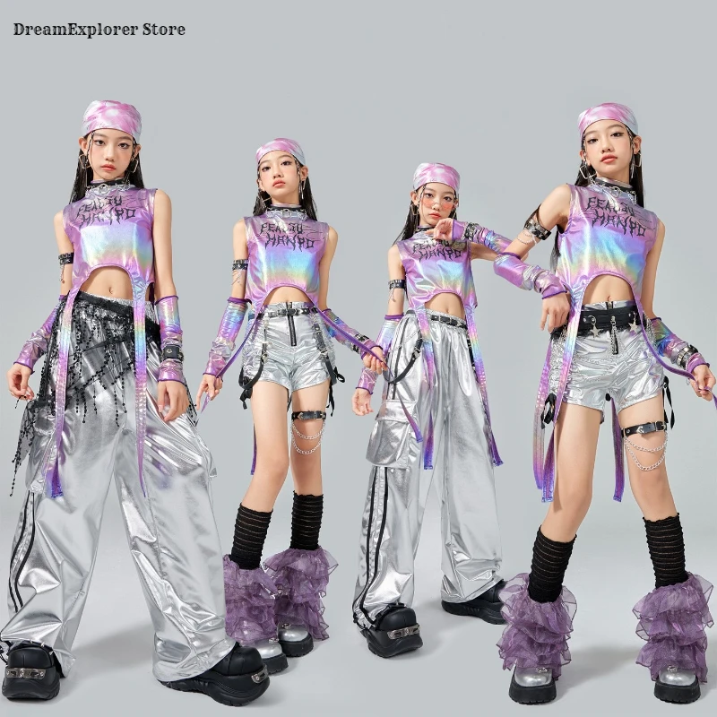 Girls Hip Hop Shiny Crop Top Silver Cargo Pants Kids K-pop Jazz Stree Dance Clothes Sets Children Streetwear Girl Group Costume