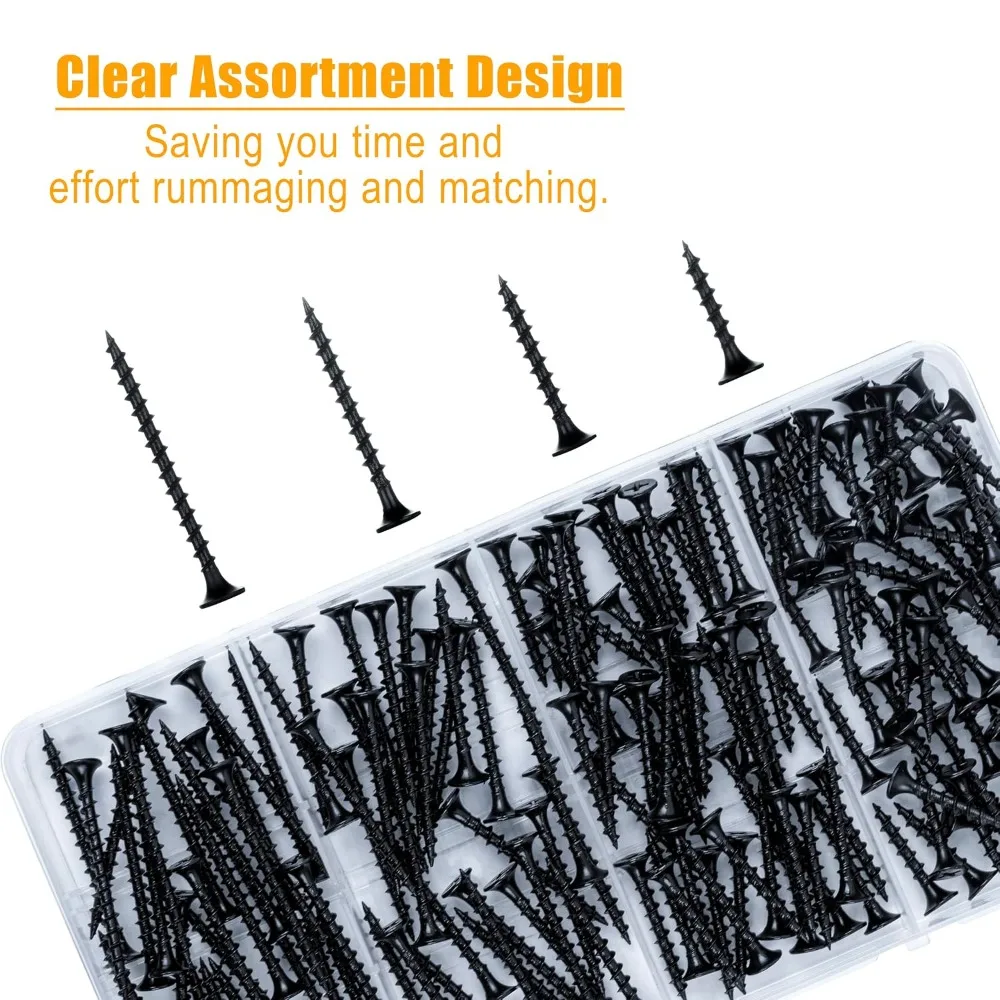 #6 Drywall Screws Assortment 165pcs, 4 Sizes 1-2 inch, Black Phosphate Coated for Wood & Sheetrock