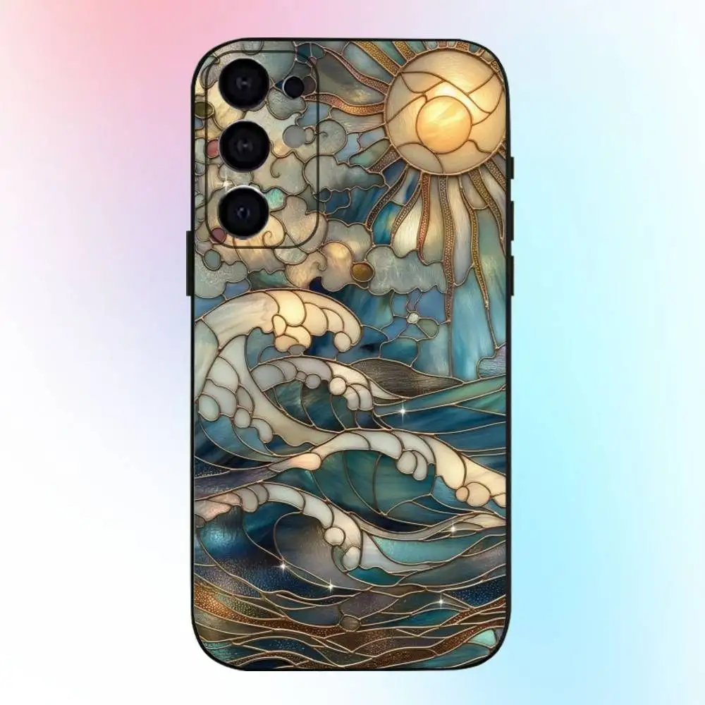 Glass Printed Sun & Moon  Phone Case For Samsung S25,S24,S21,S22,S23,S30,Ultra,S20,Plus,Fe,Lite,Note,10,9,5G Black Cover