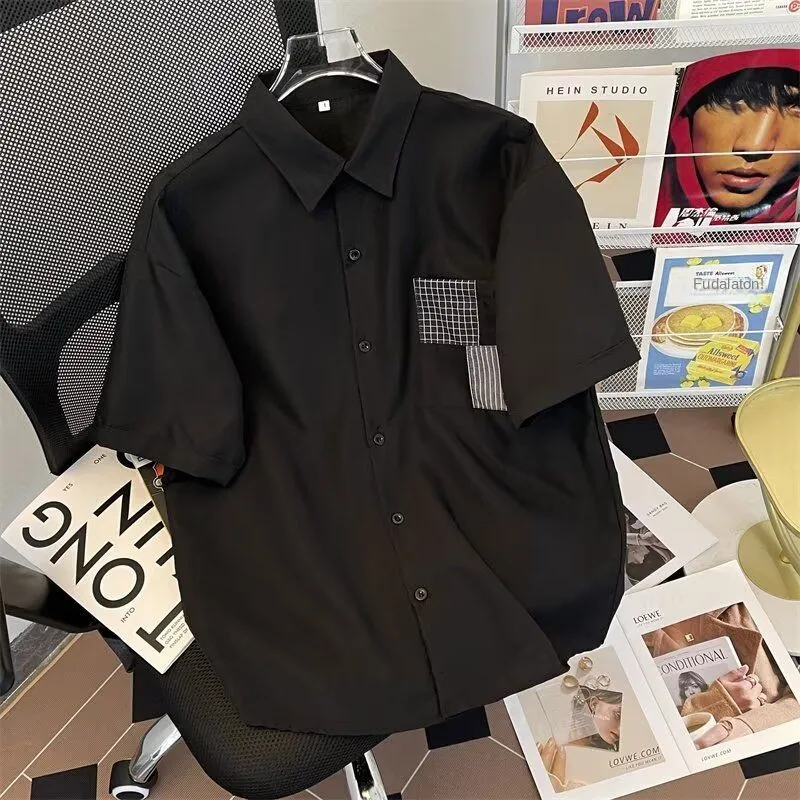 Summer Trendy Short Sleeve Patchwork Design Hair Stylist Fashion Korean Style Shirt Youth Popular Standard Fit Polyester Fiber