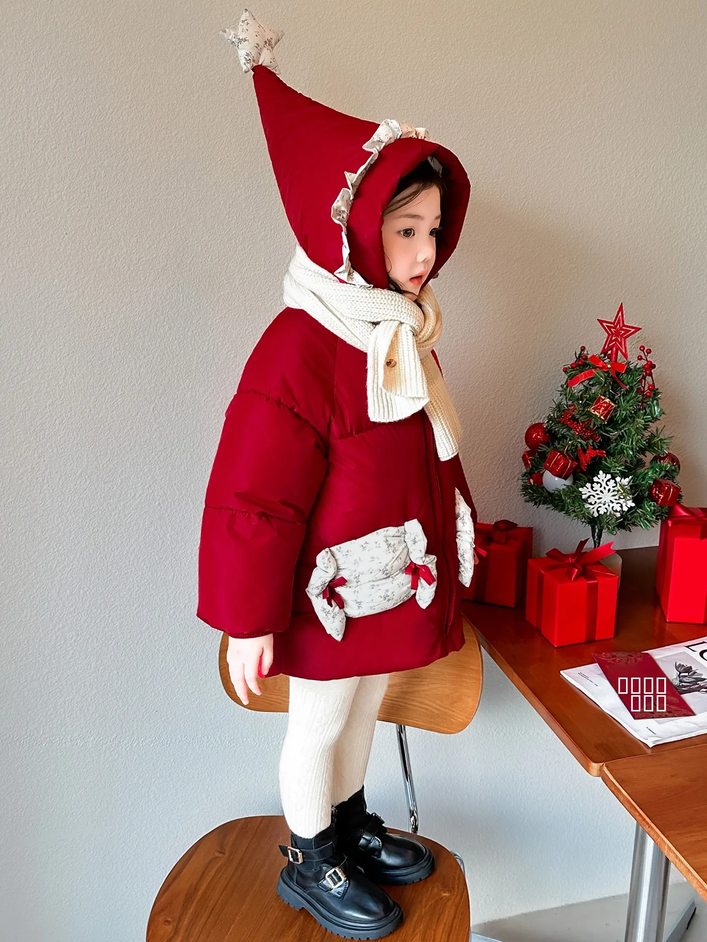 

Girls Winter Jaet Cotton down Coat Warmth New Year Red Children Outerwear Coat Sweet Sle Loose Fit Long Sve Zipper