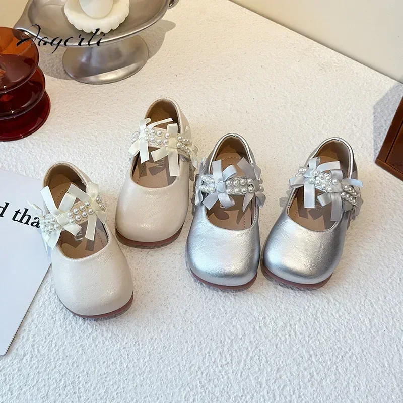 

2025 Kids Girls Spring Autumn New Small PU Leather Shoes Bow Square Mouth Shoes Soft Sole Non-slip Loafer Flats Kids Shoes
