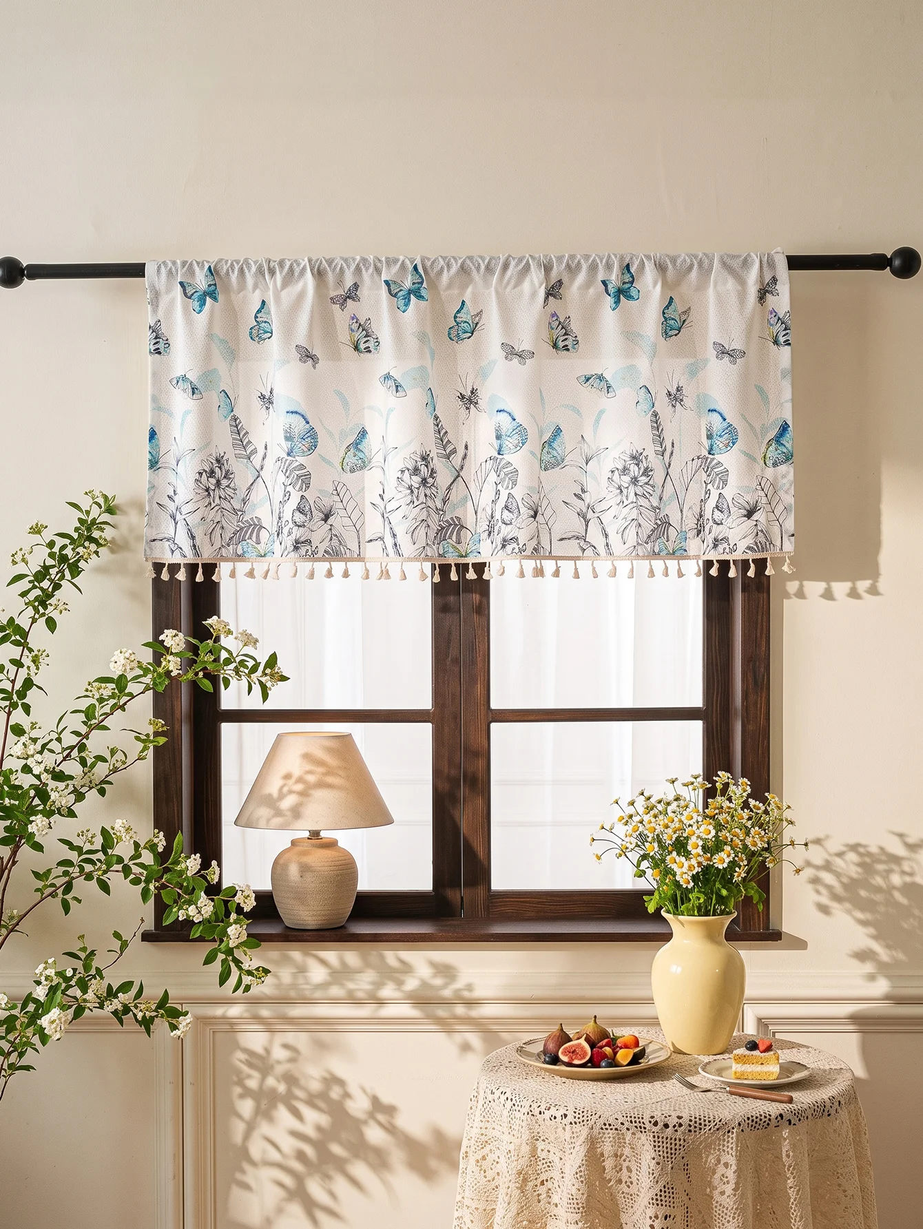 Boho Blue Butterfly Cafe Curtain, Botanical Insect Pattern Short Window Curtain with White Tassels for Home Decor