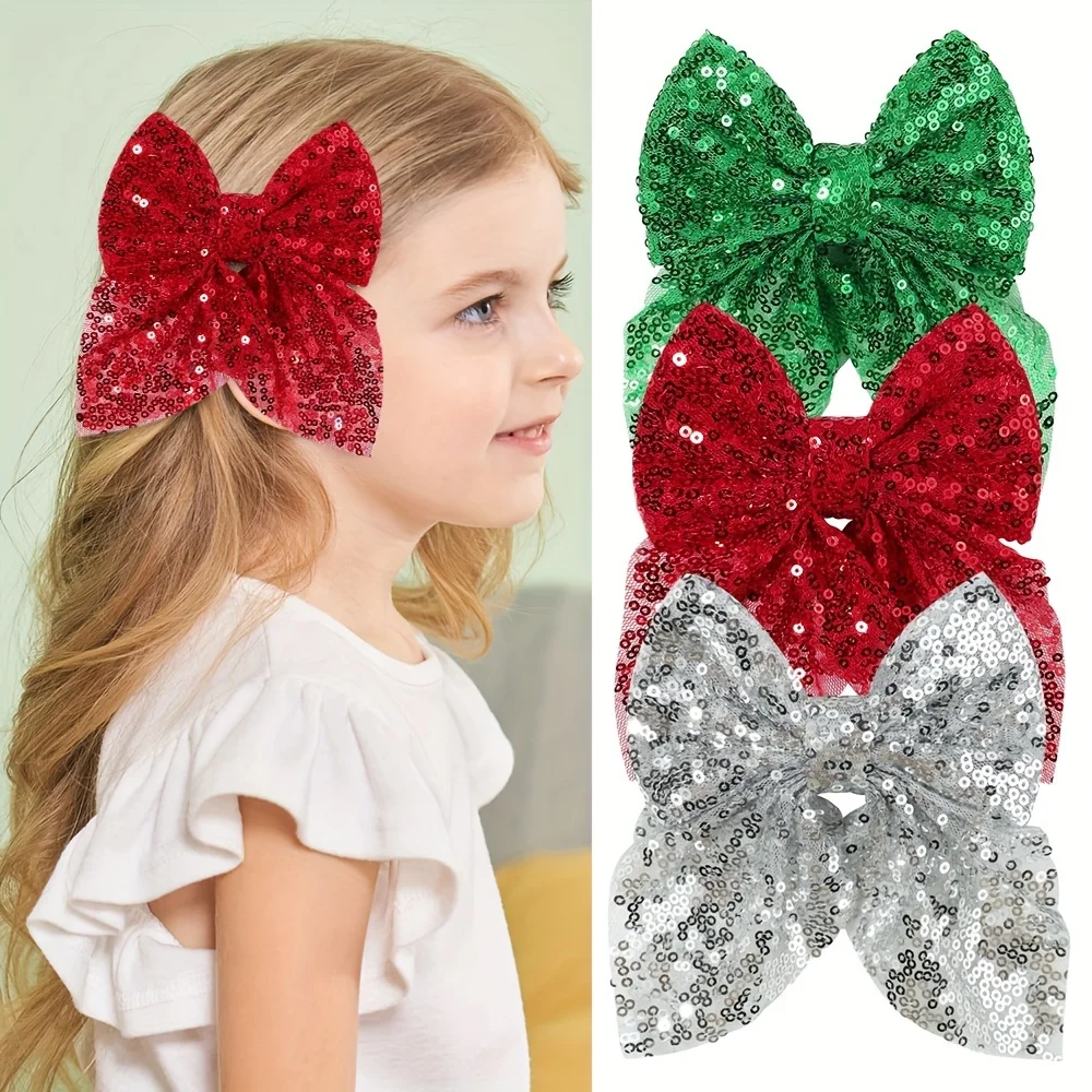 

3Pcs/set Christmas Sparkling Bow Hair Clip Holiday Party Girl Headwear Ponytail Hair Clip Exquisite Christmas Gift