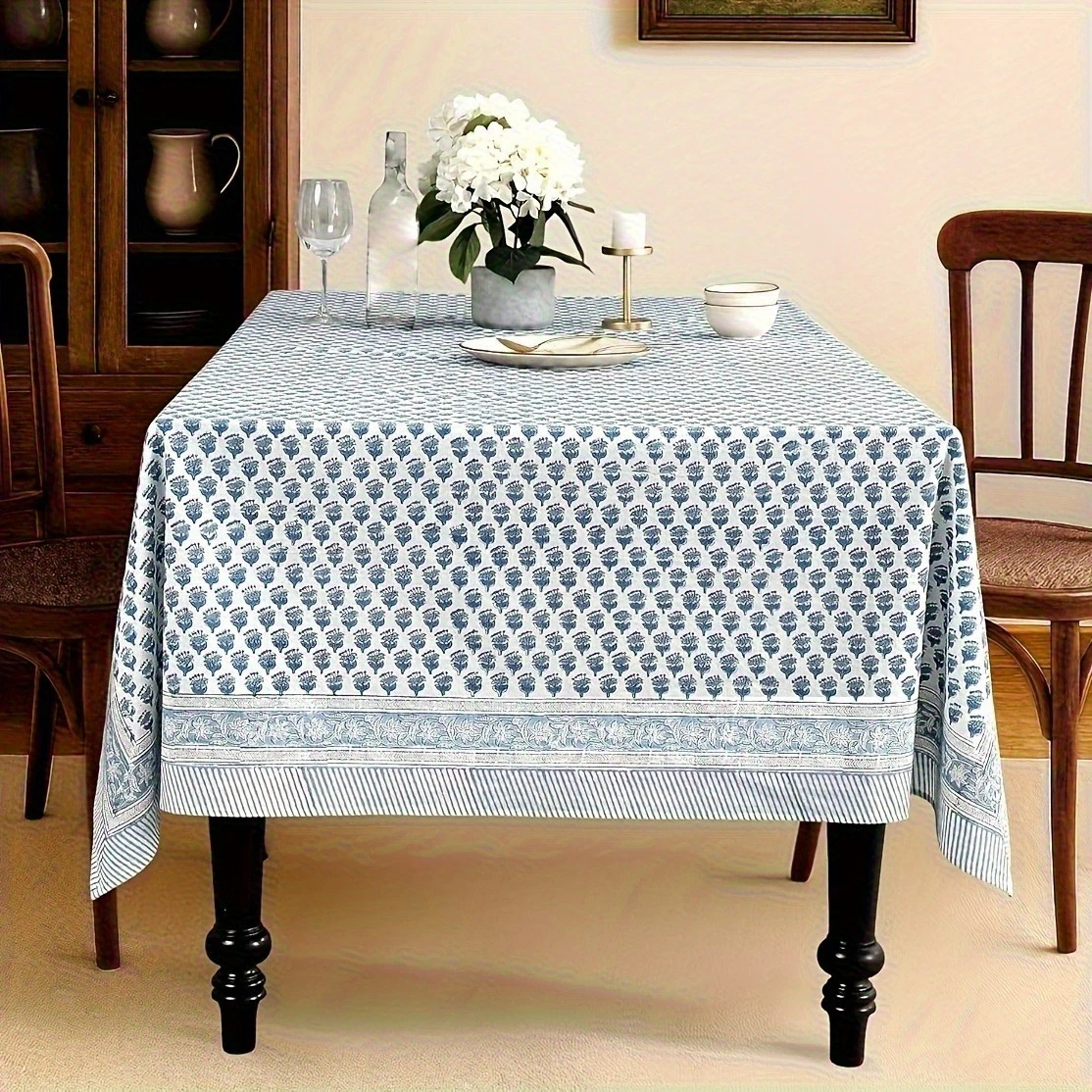 1pc Vintage Block Print Blue & White Tablecloth  Farmhouse Style Decorative Table Cover for Dining Room Kitchen