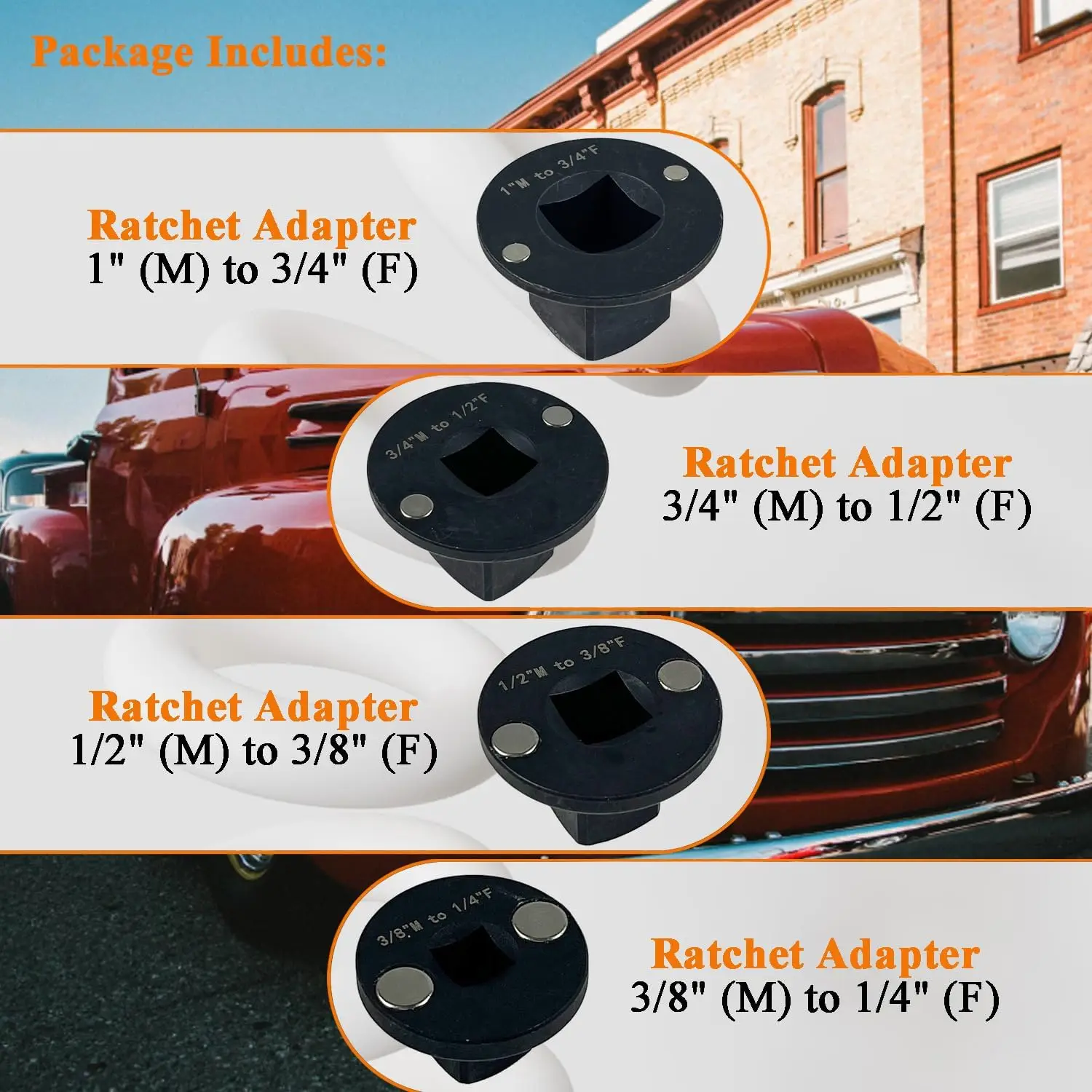 4個入りロープロファイルインパクトソケットアダプターセット、1/4インチから3/8インチ、1/2インチから3/4インチ、3/4インチから1インチ、自動車およびDIYツール用