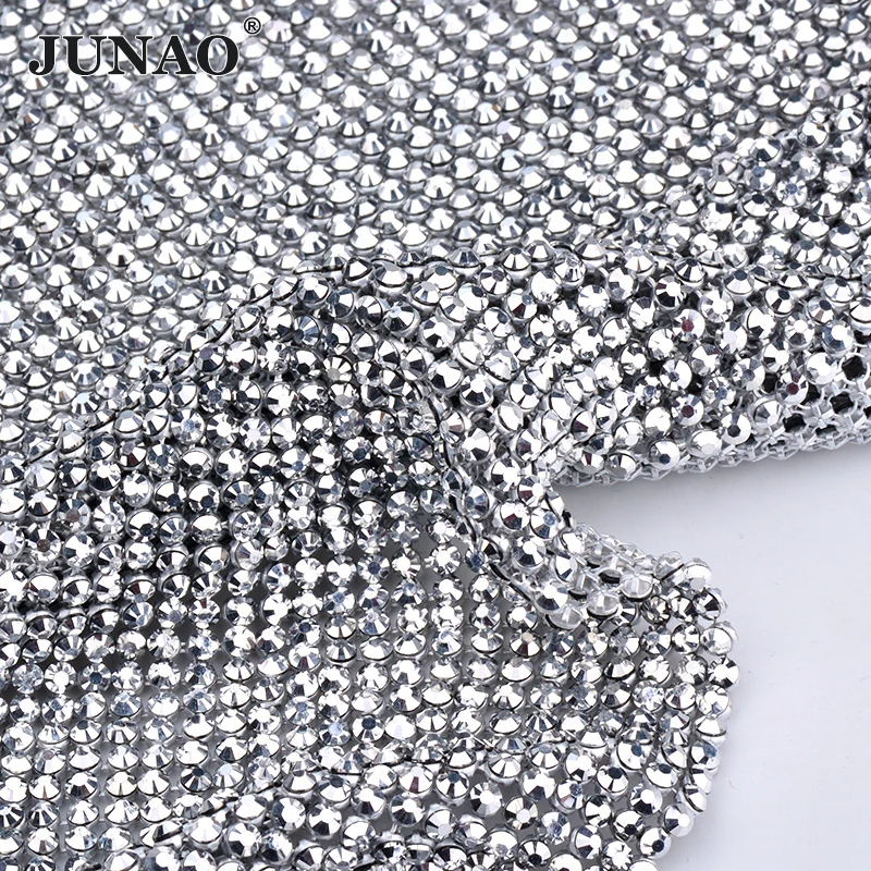 JUNAO 45*120cm Gold Crystal Rhinestone Mesh Fabric Aluminum Sewing Metal Trim Resin Strass Ribbon For Dress Jewelry Crafts