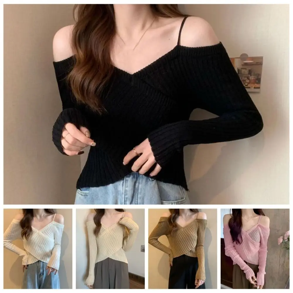 Krótki sweter z nieregularnym splotem, dopasowany, z długim rękawem, dziergany na szydełku, pulower, dekolt w serek, sweter na ramiączkach, dzianinowy sweter, jesień, wiosna