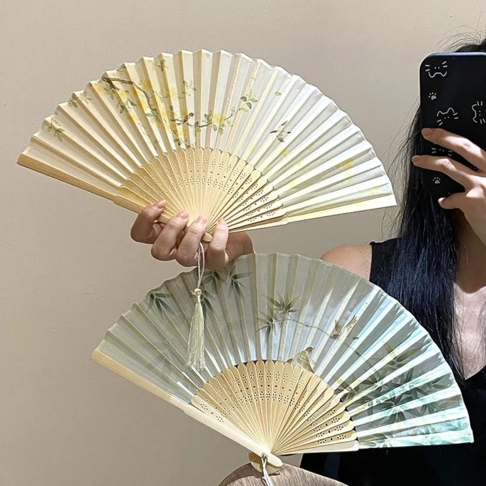 Chinese Style Tassel Folding Fan Butterfly Swallow Bamboo Fan Cherry Blossoms Plum Blossom Handheld Fan Home Decoration