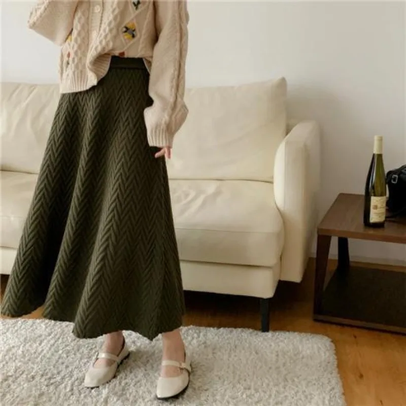 Women Autumn Winter Knitted Midi Skirt Herringbone Textured High Waist Slim Fit A Line Casual Skirt