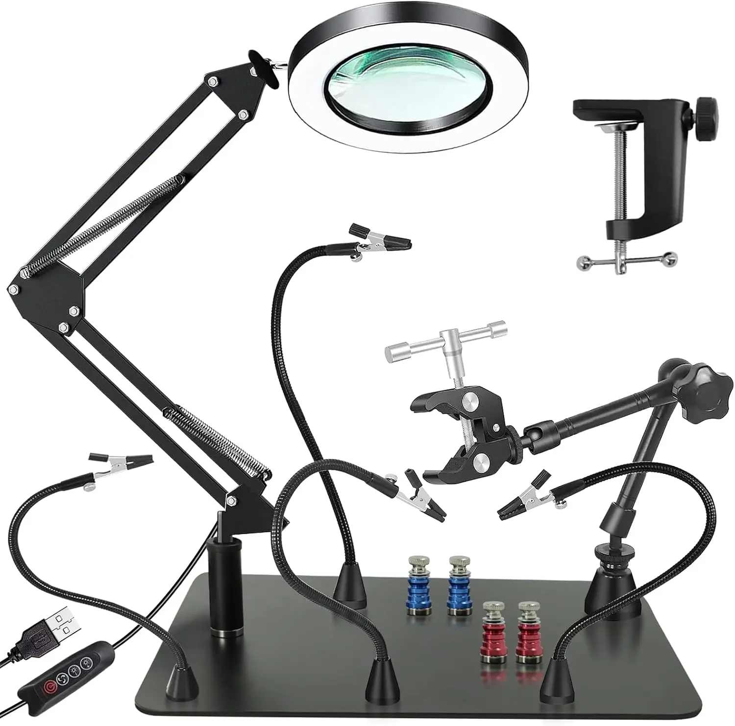 

Паяльная станция с увеличительным стеклом и подсветкой, 4 гибкие подставки, нескользящее основание для ремонта и рукоделия