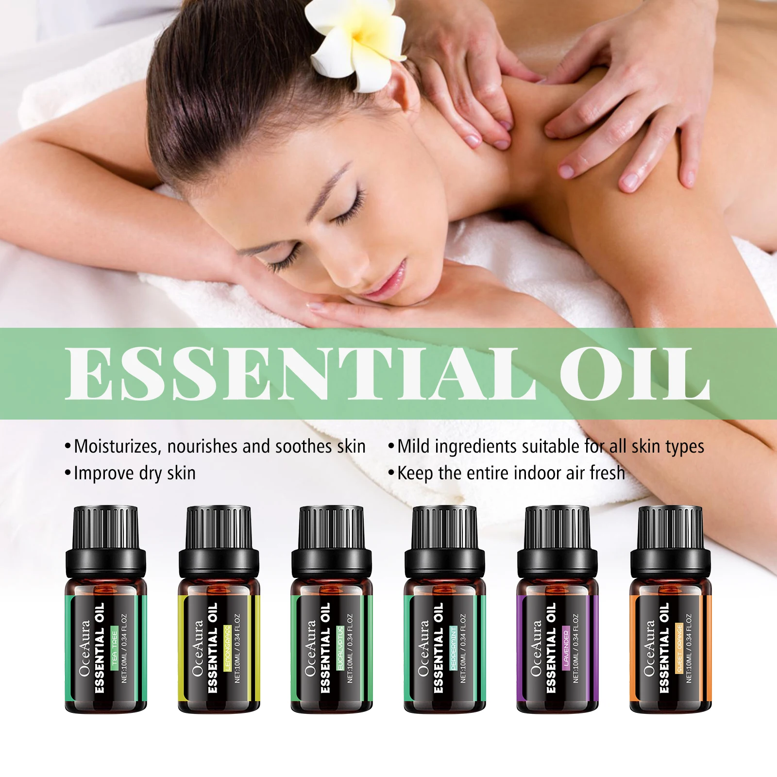 Oceaura reines natürliches ätherisches Pflanzenöl für Luftbefeuchter, Diffusor, Lavendel, Eukalyptus, Reparatur, Glättung der Haut, Aroma-Massageöl