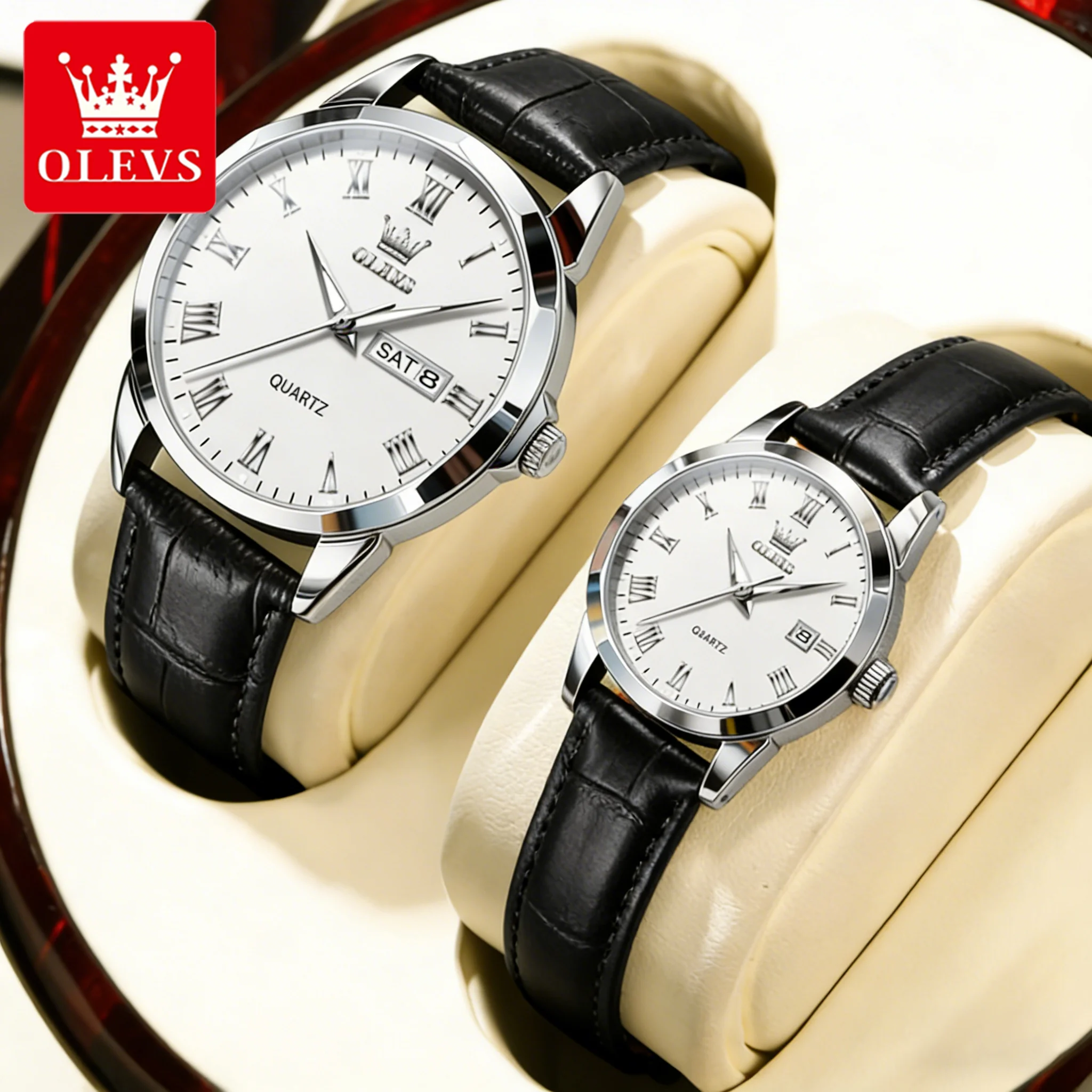 OLEVS Couple Watches Leather Strap Simple Fashion Original Brand Quartz Wristwatch Waterproof Luminous Date Man and Woman Watch