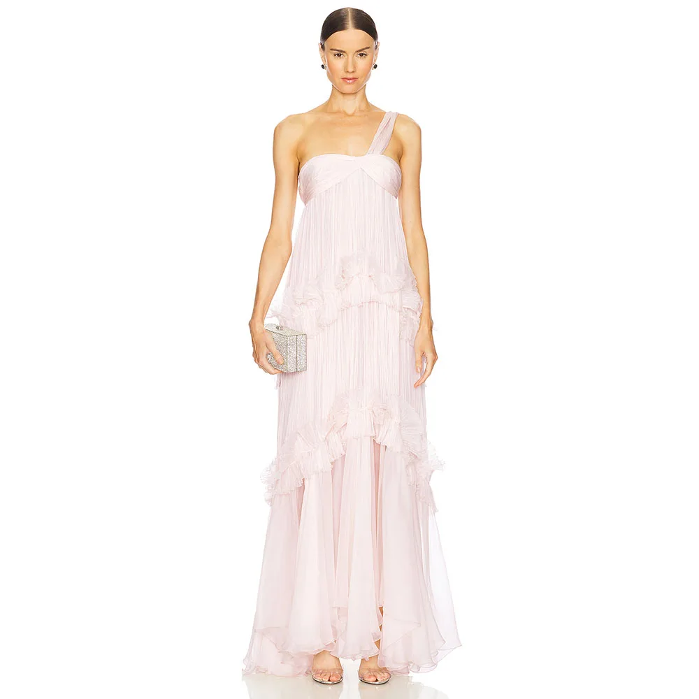 

Elegant Pink Chiffon Evening Gown For Wedding A Line Formal Ankel Length Party Dress One Shoulder Sleeveless Prom Dress