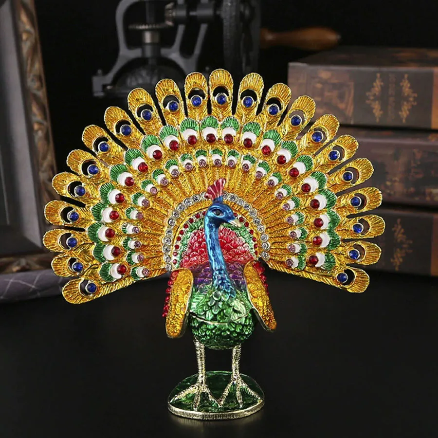 Peacock Trinket Boxes Hinged Enamel Jewelry Box Hand-Painted Rhinestones Animals Ornaments Gift for Home Decor