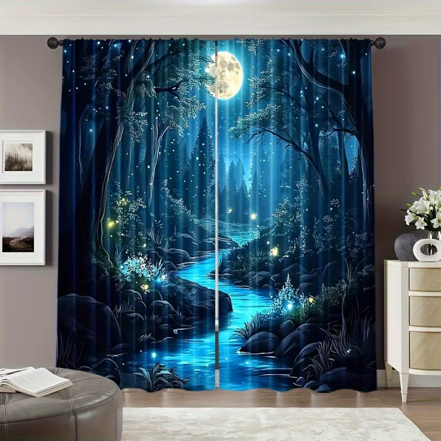 2PCS Digital Printed Curtains, Blue Magic Forest Stream Fireflies Moon, Enchanted Woodland Night Fairy Tale Window Decor