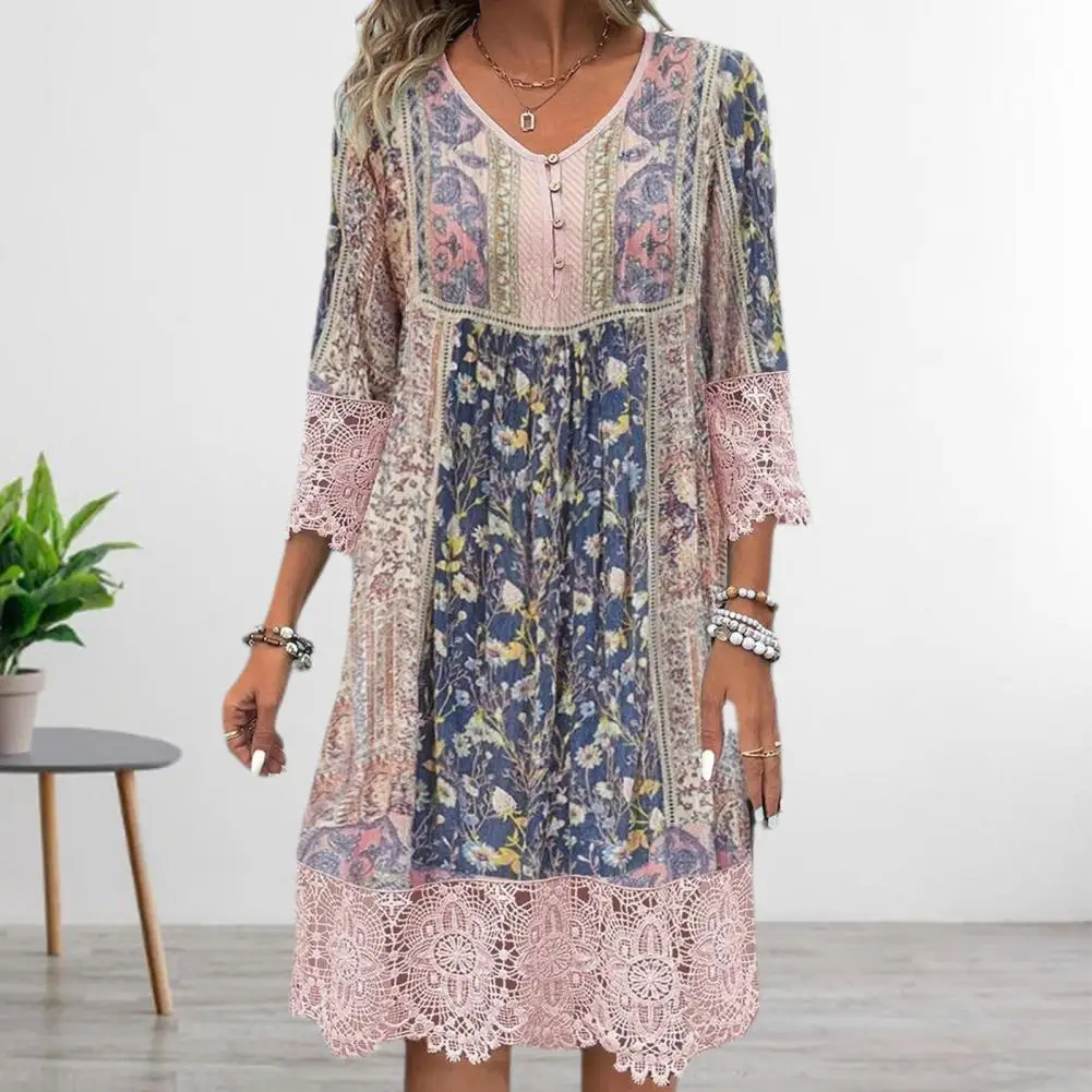 Sommer Midi Kleid Blumen druck Kleid Bohemian Stil Blumen druck Midi Kleid mit Spitze Patchwork V-Ausschnitt Knöpfe Frauen Retro