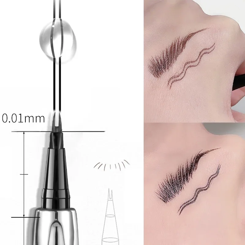 Lápiz de cejas plateado ultrafino de 2 puntos, tatuaje de cejas salvaje líquido, resistente al agua, 2 tenedores, lápiz para cejas de gusano de seda, maquillaje de ojos fácil de agarrar