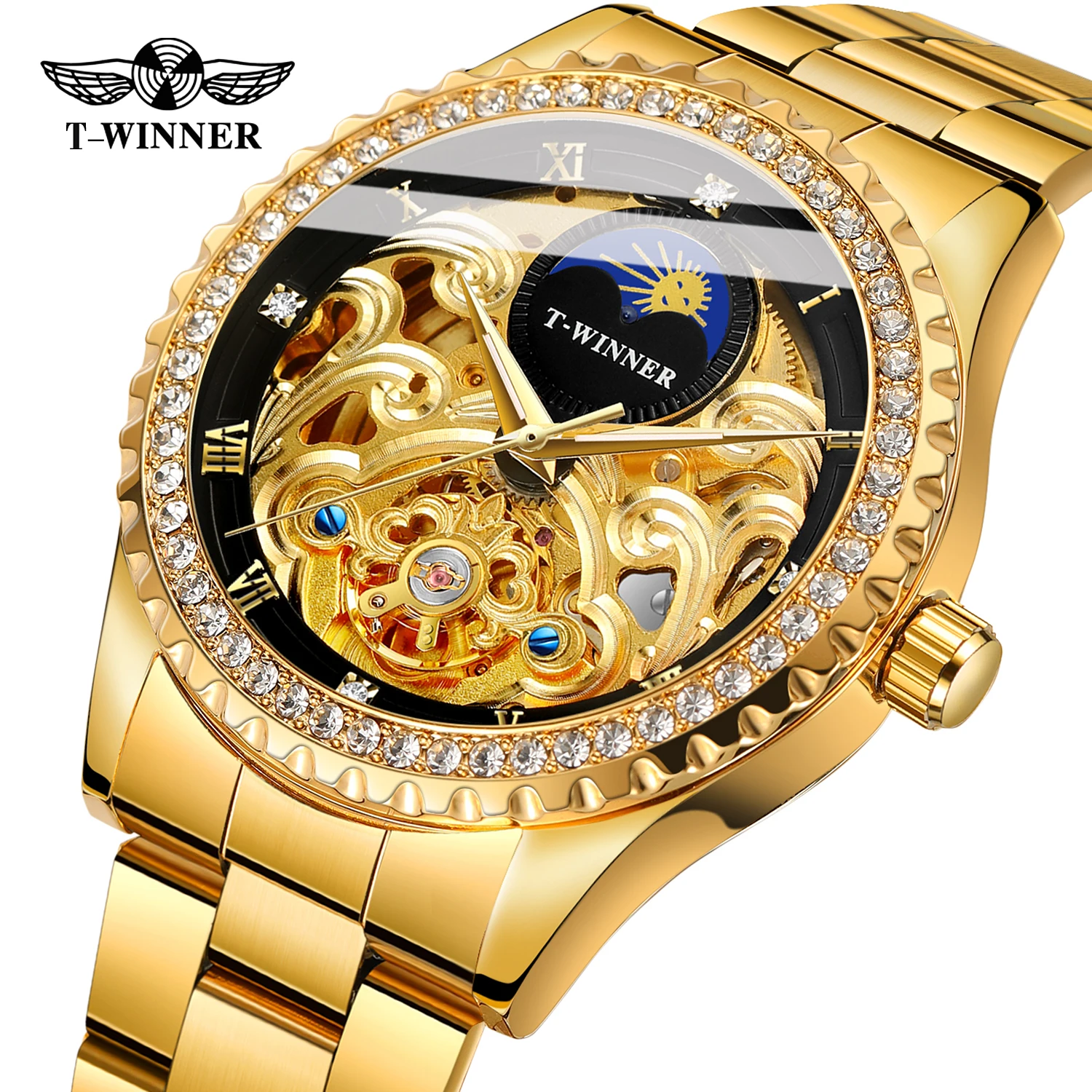 T-Winner Men's Auto Mechanical Watch Moon Phase Skeleton Dial Alloy Case Rhinestone Bezel Luminous Stainless Steel Band Fashion