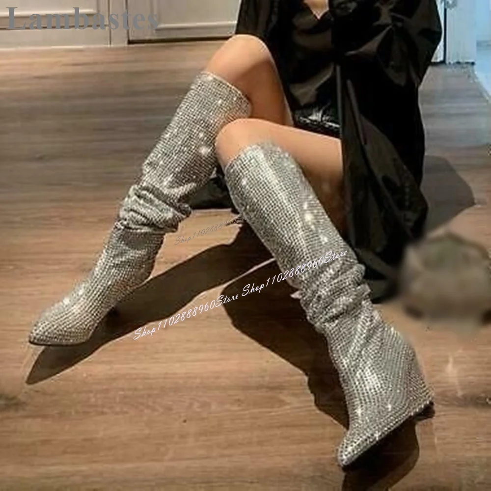 

Runway Silver Crystal Decor Pleated Boots Knee High Wedges Heel Women Shoes Slip On Pointed Toe 2024 Fashion Zapatos Para Mujere