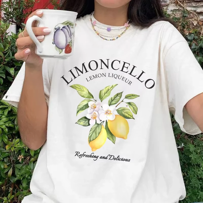

Limoncello Graphic Tops Lemon Letter Print T-shirt Short Sleeve Crew Neck Casual Tee Women Kawaii Streetwear Vintage Fruit Shirt