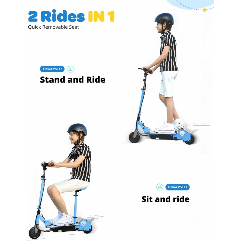 E120 Electric Scooter with for Kids Ages 6-12, 60 Mins Long Battery Life, Removable Seat 2 Riding Styles, 155lbs Max Load