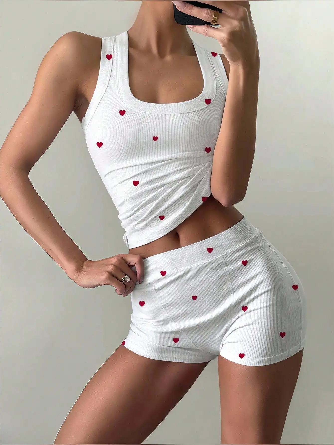 White Ribbed Heart Print Twist Front Crop Top & Shorts Matching Set for Summer Casual Wear