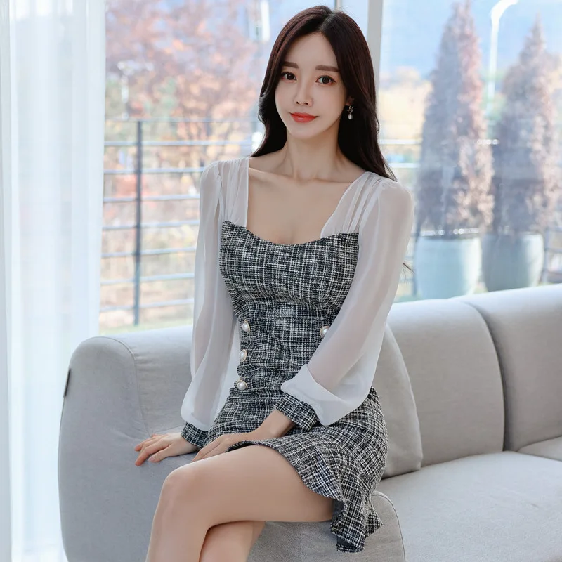 #889620BH538 # Fashion New Product Korean Style Square Neck Chiffon Spliced Lantern Sleeves Ruffle Edge Fishtail Dress for Women