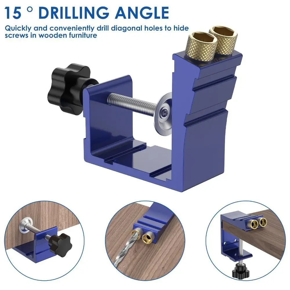 Adjustable Pocket Hole Jig Inclined Hole Pocket Dowel Joint Locator 15 Degree Angle Drill Punch Drill Guide Kit Wood Drilling