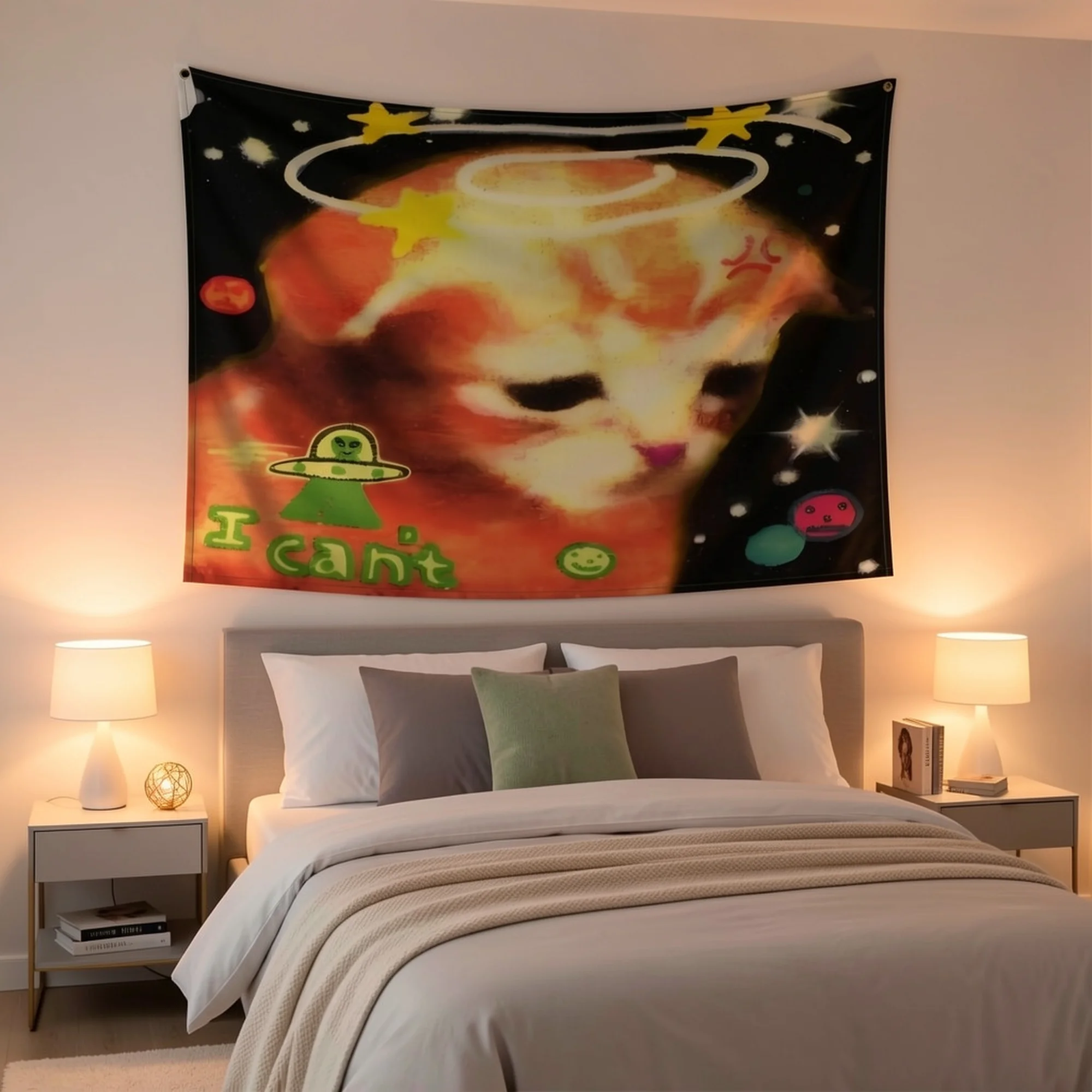 Funny Cute Cat Tapestry Wall Art Psychedelic Retro Unicorn Humor Boho Decor Wall Hanging Cosmic UFO Celestial Aesthetic Poster G