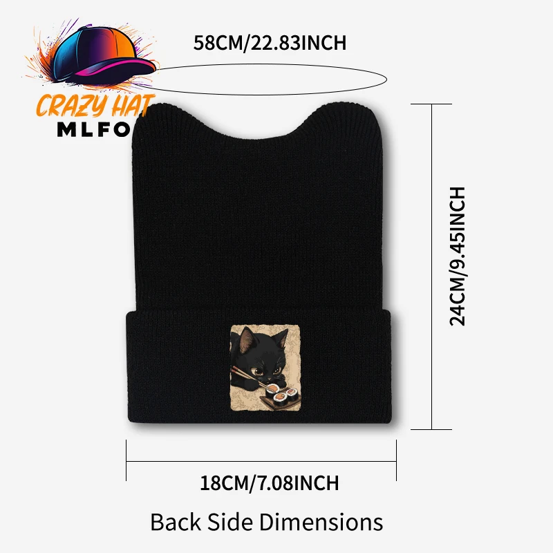 Charming Popular Cat Ear Beanie, Funny Black Cat Sushi Print, Ideal for Weekend Hangout & Casual Street Look