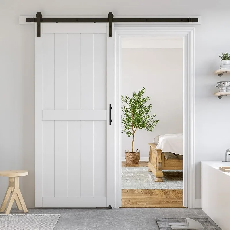 36 x 84 inch White Slidng MDF Barn Door with 6.6FT Black Sliding Door Hardware Kit & Handle, Pre-Drilled Ready to Assemble