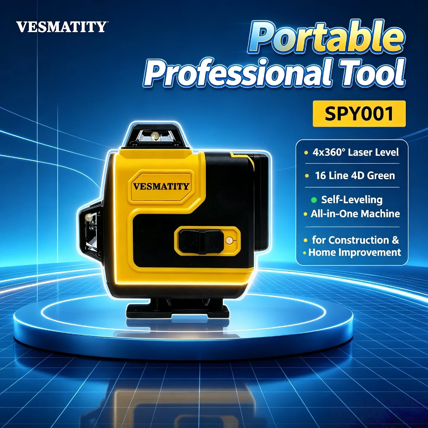 Vesmatity for Construction – SPY001 4x360° Laser Level 16 Line 4D Green Self-Leveling All-in-One Wall Mounted Measuring Tool